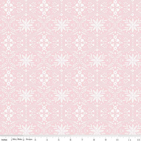 Image of the Buds & Butterflies Enchanting Garden Blush quilting cotton fabric by Cayla Naylor for Riley Blake Designs. Features a floral damask pattern on a light pink background. 
Cute Little Fabric Shop