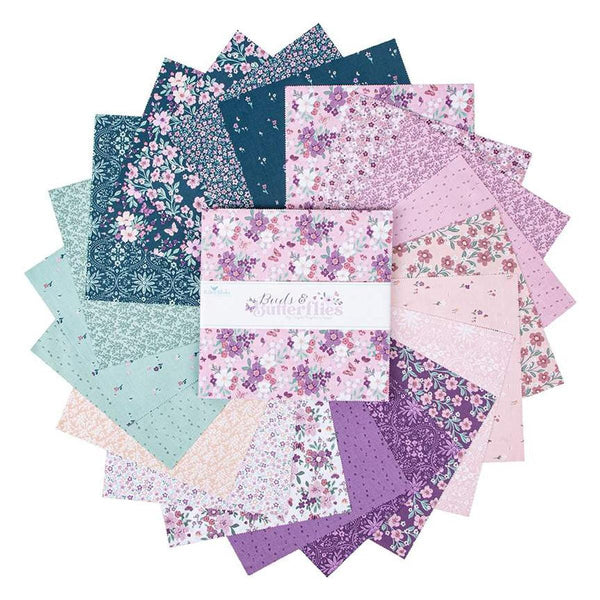 Image of the Buds & Butterflies 10 inch Stacker by Cayla Naylor for Riley Blake Designs. Features floral fabrics on pink, purple, and blue backgrounds. 
Cute Little Fabric Shop