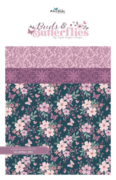 Image of the Buds & Butterflies Storyboard by Cayla Naylor for Riley Blake Designs. Features floral fabrics on pink, purple, and blue backgrounds. 
Cute Little Fabric Shop