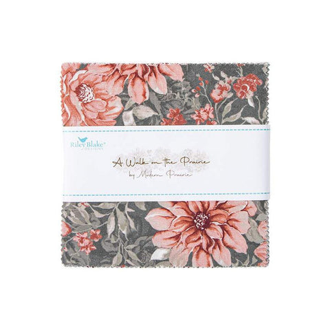 Image of the A Walk on the Prairie 5 inch stacker by Modern Prairie by Riley Blake Designs. Features grey and pink floral fabrics. 
Cute Little Fabric Shop