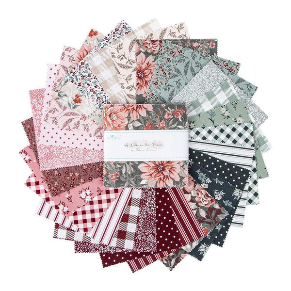 Image of the A Walk on the Prairie 5 inch stacker by Modern Prairie by Riley Blake Designs. Features grey and pink floral fabrics. 
Cute Little Fabric Shop