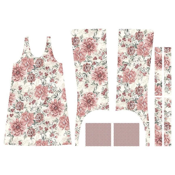 Image of the A Walk on the Prairie Prairie Pinafore Home Decor Panel Cream light weight canvas fabric by Modern Prairie for Riley Blake Designs. Features pink flowers on cream for fabrics to make an apron. 
Cute Little Fabric Shop