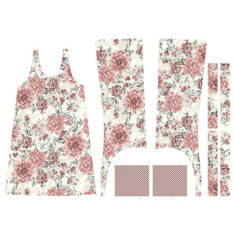 Image of the A Walk on the Prairie Prairie Pinafore Home Decor Panel Cream light weight canvas fabric by Modern Prairie for Riley Blake Designs. Features pink flowers on cream for fabrics to make an apron. 
Cute Little Fabric Shop