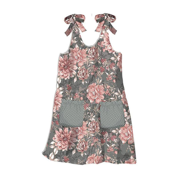 Image of the A Walk on the Prairie Prairie Pinafore Home Decor Panel Sage Gray by Modern Prairie for Riley Blake Designs. Features the pieces for an apron of pink flowers on a gray background. 
Cute Little Fabric Shop