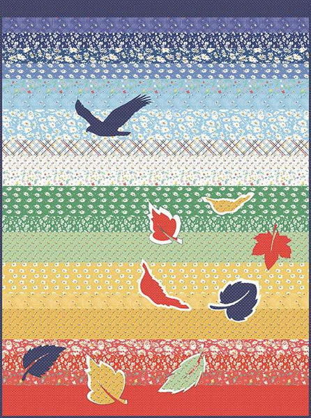 Image of the Eagle and the Wind quilt pattern by American Jane for Riley Blake Designs. Features birds and leaves on a striped rainbow background. 
Cute Little Fabric Shop