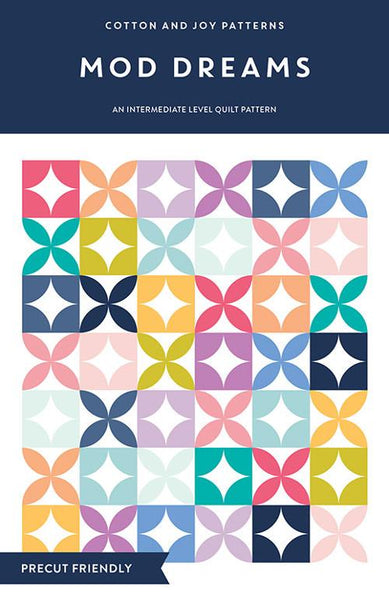 Image of the Mod Dreams quilt pattern by Cotton and Joy Patterns for Moda Fabrics. Features a star-like pattern on a white background. 
Cute Little Fabric Shop