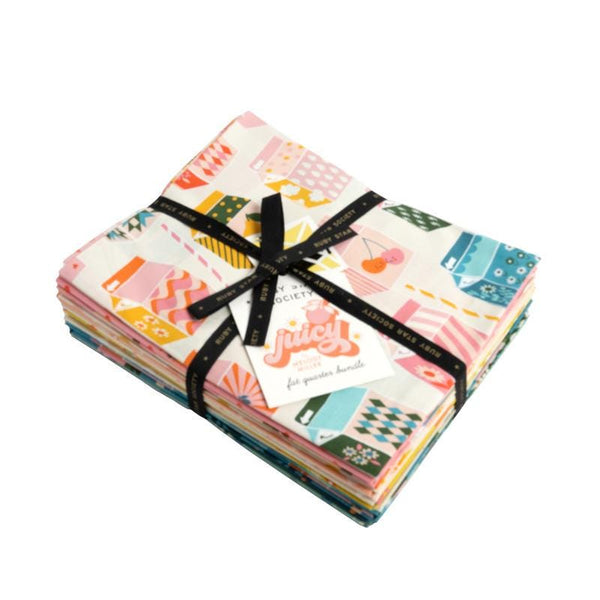 Image of the Juicy fat quarter bundle by Ruby Star Society for Moda Fabrics. Features juice boxes on various backgrounds. 
Cute Little Fabric Shop