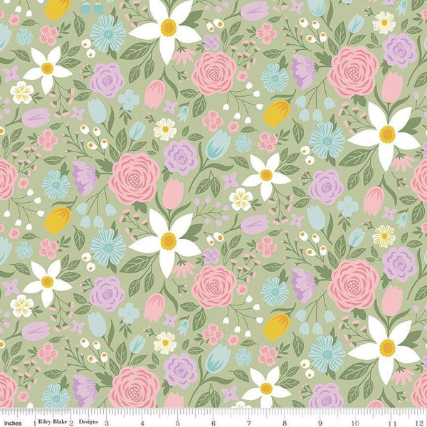 Fat Quarter End of Bolt - Bunny Trail Main C14250 Green by Riley Blake Designs - Easter Floral Flowers - Quilting Cotton Fabric