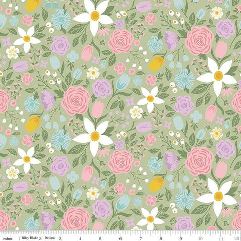 Fat Quarter End of Bolt - Bunny Trail Main C14250 Green by Riley Blake Designs - Easter Floral Flowers - Quilting Cotton Fabric