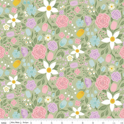 Bunny Trail Main C14250 Green by Riley Blake Designs - Easter Floral Flowers - Quilting Cotton Fabric