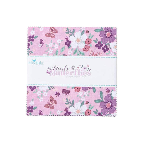 Image of the Buds & Butterflies 5 inch stacker by Cayla Naylor for Riley Blake Designs. Features floral fabrics on pink, purple, and blue backgrounds. 
Cute Little Fabric Shop