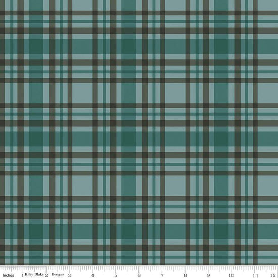 Image of the Let's Get Lost in the Woods Plaid Teal quilting cotton fabric by Tara Reed for Riley Blake Designs. Features a blue and brown plaid design on a teal background. 
Cute Little Fabric Shop