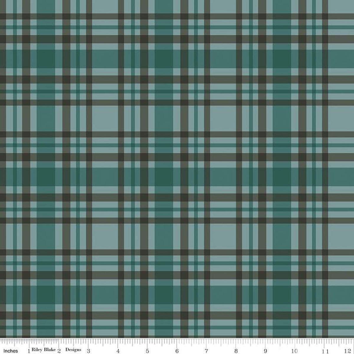 Image of the Let's Get Lost in the Woods Plaid Teal quilting cotton fabric by Tara Reed for Riley Blake Designs. Features a blue and brown plaid design on a teal background. 
Cute Little Fabric Shop