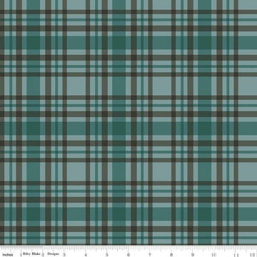 Image of the Let's Get Lost in the Woods Plaid Teal quilting cotton fabric by Tara Reed for Riley Blake Designs. Features a blue and brown plaid design on a teal background. 
Cute Little Fabric Shop