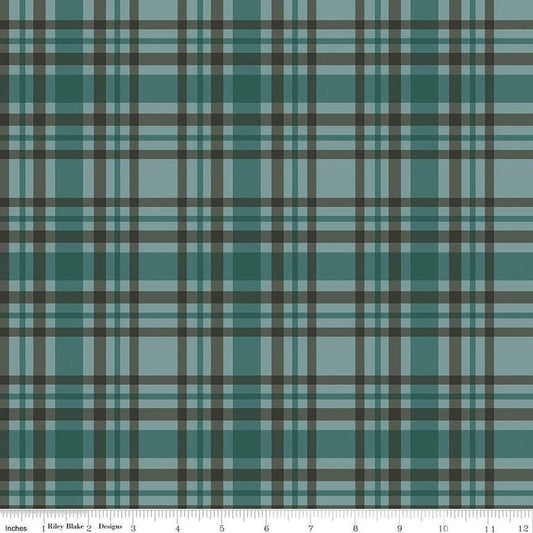 Image of the Let's Get Lost in the Woods Plaid Teal quilting cotton fabric by Tara Reed for Riley Blake Designs. Features a blue and brown plaid design on a teal background. 
Cute Little Fabric Shop