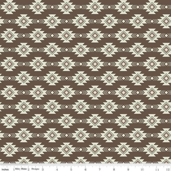 Image of the Lets Get Lost in the Woods Geometric Brown quilting cotton fabric by Tara Reed for Riley Blake Designs. Features a geometric striped design on a dark brown background. 
Cute Little Fabric Shop