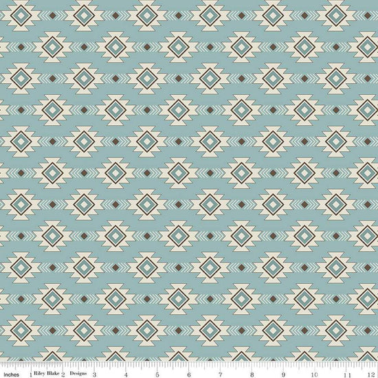 Image of the Lets Get Lost in the Woods Geometric Vintage Blue quilting cotton fabric by Tara Reed for Riley Blake Designs. Features a geometric striped design on a light blue background. 
Cute Little Fabric Shop