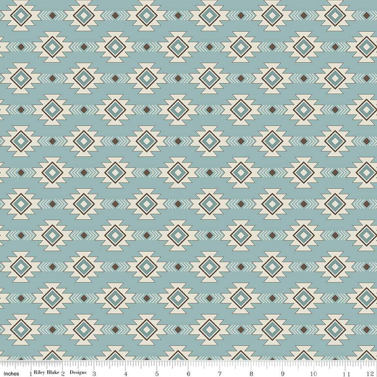 Image of the Lets Get Lost in the Woods Geometric Vintage Blue quilting cotton fabric by Tara Reed for Riley Blake Designs. Features a geometric striped design on a light blue background. 
Cute Little Fabric Shop