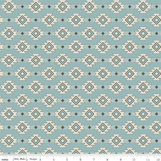 Image of the Lets Get Lost in the Woods Geometric Vintage Blue quilting cotton fabric by Tara Reed for Riley Blake Designs. Features a geometric striped design on a light blue background. 
Cute Little Fabric Shop