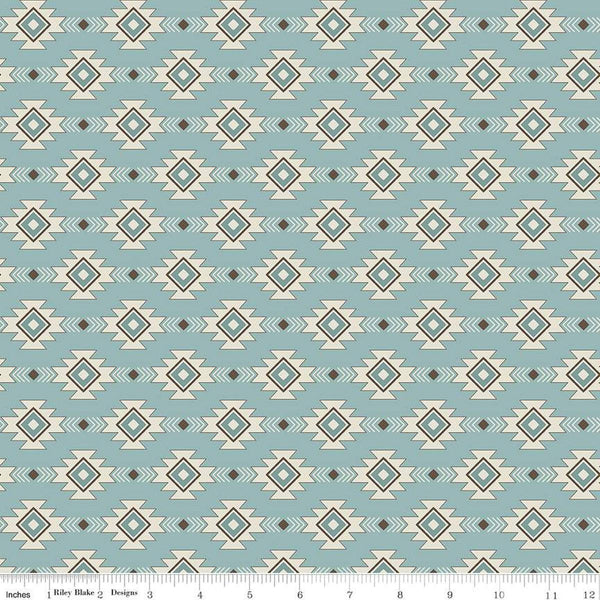 Image of the Lets Get Lost in the Woods Geometric Vintage Blue quilting cotton fabric by Tara Reed for Riley Blake Designs. Features a geometric striped design on a light blue background. 
Cute Little Fabric Shop
