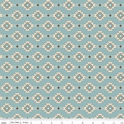 Image of the Lets Get Lost in the Woods Geometric Vintage Blue quilting cotton fabric by Tara Reed for Riley Blake Designs. Features a geometric striped design on a light blue background. 
Cute Little Fabric Shop