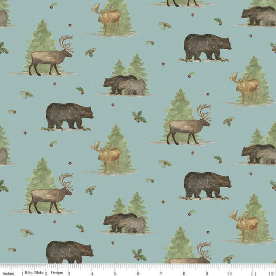 Image of the Lets Get Lost in the Woods Main Vintage Blue quilting cotton fabric by Tara Reed for Riley Blake Designs. Features  big game animals on a background with trees and oak leaves and acorns on a dark blue background. 
Cute Little Fabric Shop