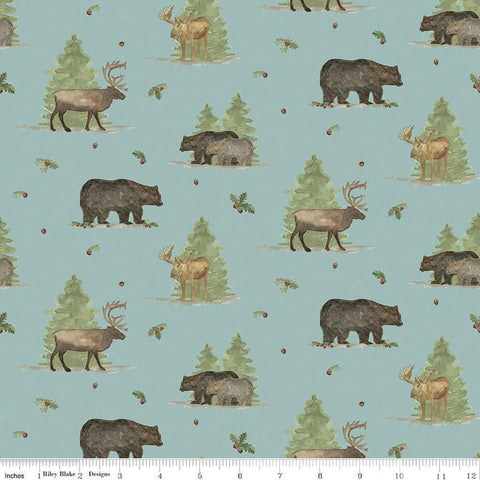 Image of the Lets Get Lost in the Woods Main Vintage Blue quilting cotton fabric by Tara Reed for Riley Blake Designs. Features  big game animals on a background with trees and oak leaves and acorns on a dark blue background. 
Cute Little Fabric Shop