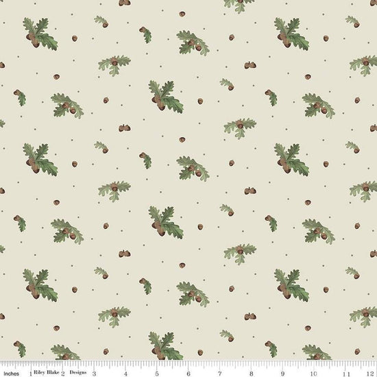 Image of the Lets Get Lost in the Woods Acorns and Leaves Off White quilting cotton fabric by Tara Reed for Riley Blake Designs. Features oak leaves and acorns on an off white background. 
Cute Little Fabric Shop