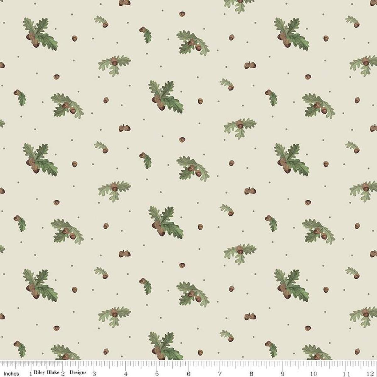 Image of the Lets Get Lost in the Woods Acorns and Leaves Off White quilting cotton fabric by Tara Reed for Riley Blake Designs. Features oak leaves and acorns on an off white background. 
Cute Little Fabric Shop