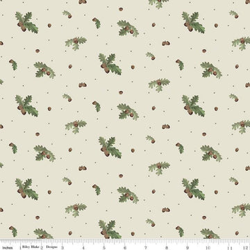 Image of the Lets Get Lost in the Woods Acorns and Leaves Off White quilting cotton fabric by Tara Reed for Riley Blake Designs. Features oak leaves and acorns on an off white background. 
Cute Little Fabric Shop