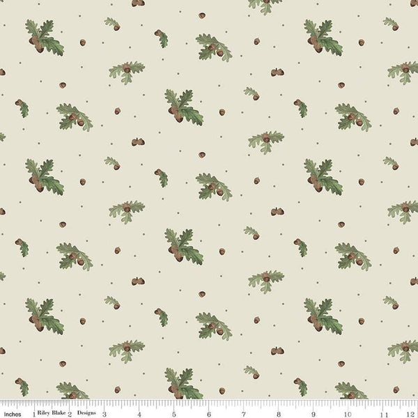 Image of the Lets Get Lost in the Woods Acorns and Leaves Off White quilting cotton fabric by Tara Reed for Riley Blake Designs. Features oak leaves and acorns on an off white background. 
Cute Little Fabric Shop