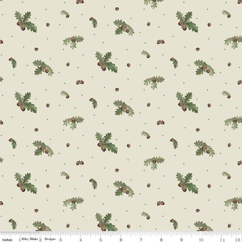 Image of the Lets Get Lost in the Woods Acorns and Leaves Off White quilting cotton fabric by Tara Reed for Riley Blake Designs. Features oak leaves and acorns on an off white background. 
Cute Little Fabric Shop