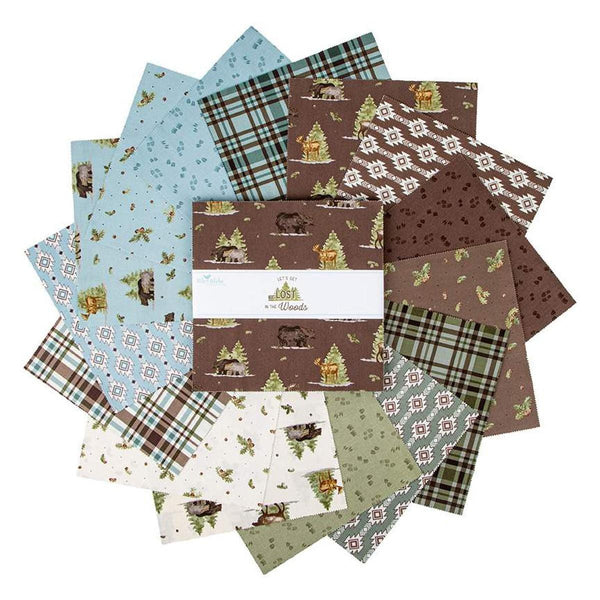 Image of the Let&#39;s Get Lost in the Woods 10 inch stacker by Tara Reed for Riley Blake Designs. Features outdoor patterns with animals, trees, and leaves on green, brown, blue, and cream fabrics. 
Cute Little Fabric Shop