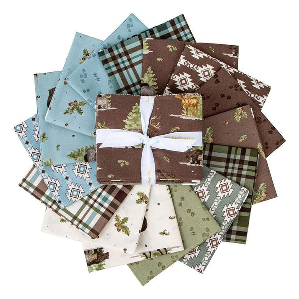 Image of the Lets Get Lost in the Woods Fat quarter bundle by Tara Reed for Riley Blake Designs. Features outdoor patterns with animals, trees, and leaves on green, brown, blue, and cream fabrics. 
Cute Little Fabric Shop