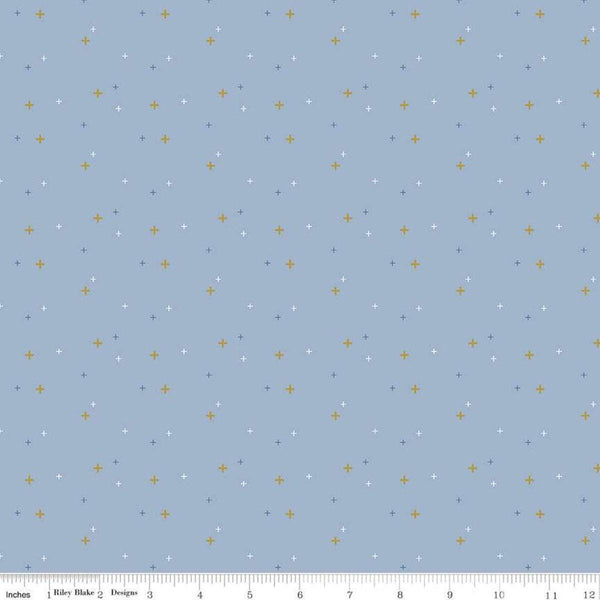 SALE Sparkler SC650 Lake Blue SPARKLE - Riley Blake Designs - Plus Signs Gold SPARKLE Metallic - Quilting Cotton Fabric