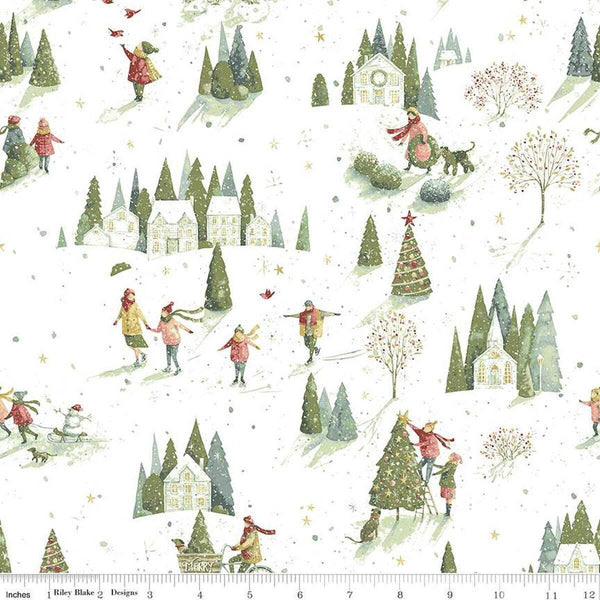 Image of the Magical Winterland Winter Scene Snow quilting cotton fabric by Riley Blake Designs. Features trees, snow, buildings, and people on a white background. 
Cute Little Fabric Shop