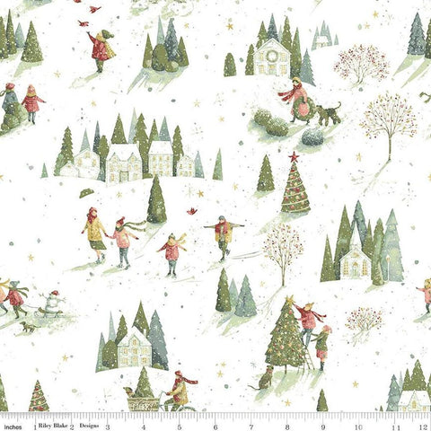 Image of the Magical Winterland Winter Scene Snow quilting cotton fabric by Riley Blake Designs. Features trees, snow, buildings, and people on a white background. 
Cute Little Fabric Shop