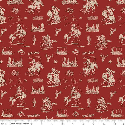 John Wayne Courage Cowboys C14302 Barn Red - Riley Blake Designs - Western Horses Saddles Wagons - Quilting Cotton Fabric - Licensed Product