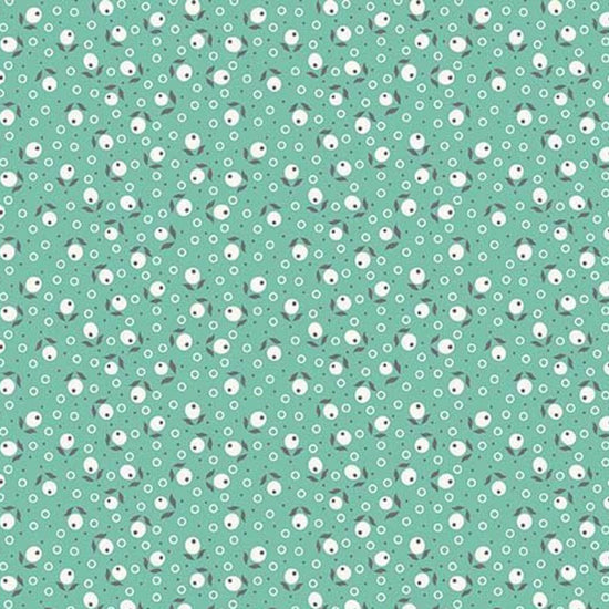 Image of the Farm Girl Vintage Blossom Sea Glass quilting cotton fabric by Lori Holt by Riley Blake Designs. Features small flowers on a light teal green background. 
Cute Little Fabric Shop