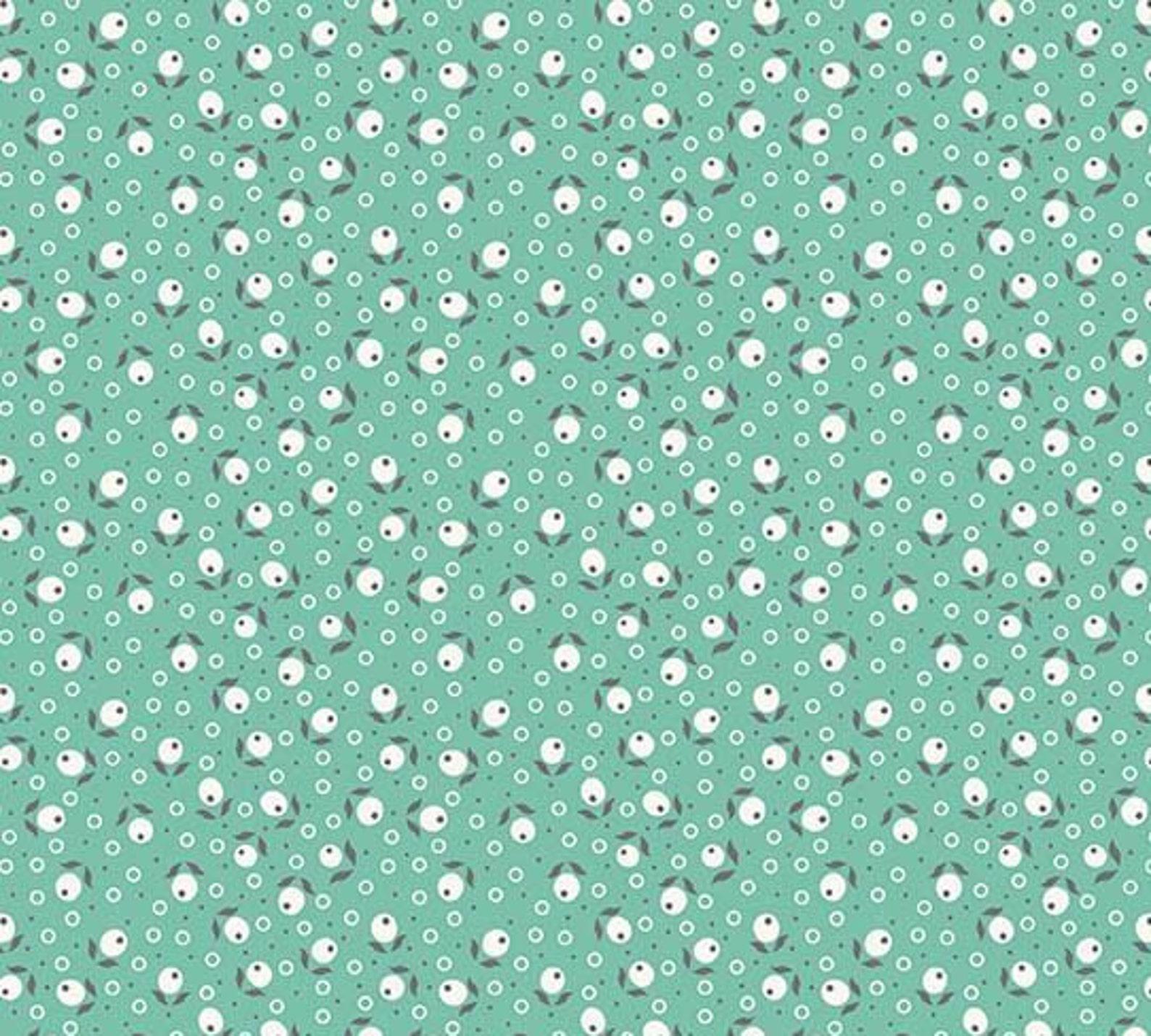Image of the Farm Girl Vintage Blossom Sea Glass quilting cotton fabric by Lori Holt by Riley Blake Designs. Features small flowers on a light teal green background. 
Cute Little Fabric Shop