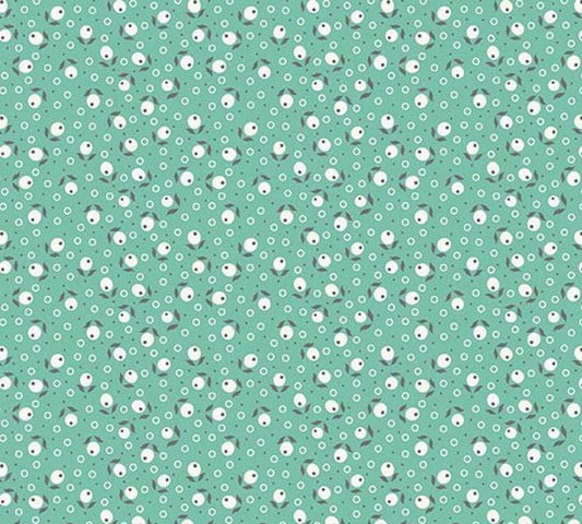 Image of the Farm Girl Vintage Blossom Sea Glass quilting cotton fabric by Lori Holt by Riley Blake Designs. Features small flowers on a light teal green background. 
Cute Little Fabric Shop