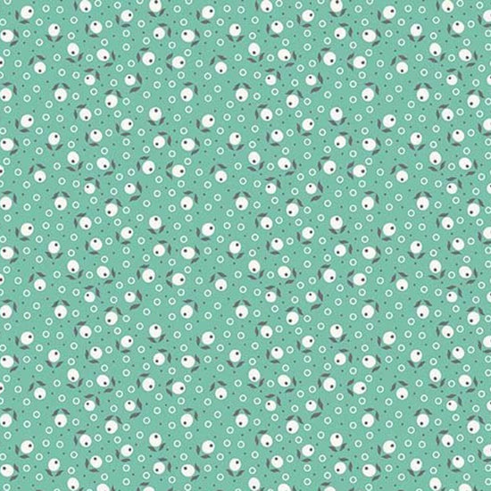 Image of the Farm Girl Vintage Blossom Sea Glass quilting cotton fabric by Lori Holt by Riley Blake Designs. Features small flowers on a light teal green background. 
Cute Little Fabric Shop