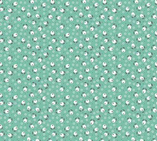 Image of the Farm Girl Vintage Blossom Sea Glass quilting cotton fabric by Lori Holt by Riley Blake Designs. Features small flowers on a light teal green background. 
Cute Little Fabric Shop