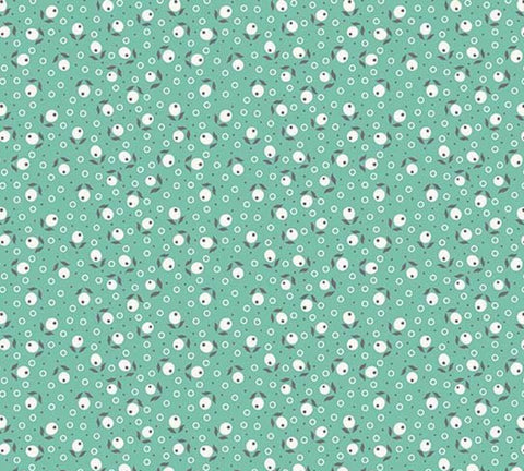 Image of the Farm Girl Vintage Blossom Sea Glass quilting cotton fabric by Lori Holt by Riley Blake Designs. Features small flowers on a light teal green background. 
Cute Little Fabric Shop