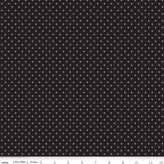 Image of the Midnight Meadow Calico Black by My Minds Eye for Riley Blake Designs. Features an array of a cluster of dots on a black background. 
Cute Little Fabric Shop