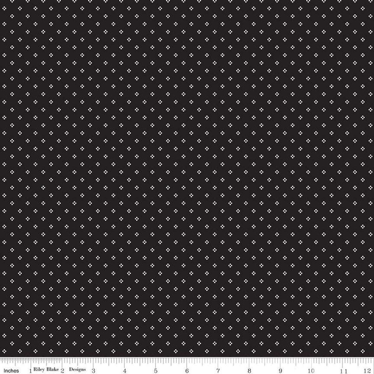 Image of the Midnight Meadow Calico Black by My Minds Eye for Riley Blake Designs. Features an array of a cluster of dots on a black background. 
Cute Little Fabric Shop