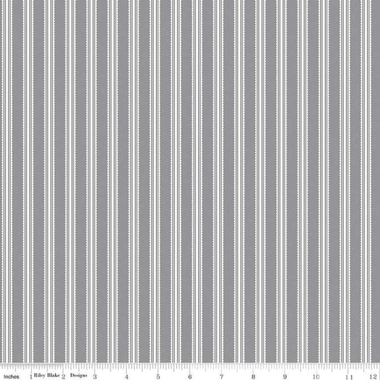 Image of the Midnight Meadow Stripes Gray by My Minds Eye for Riley Blake Designs. Features a ticking stripe on a gray background. 
Cute Little Fabric Shop