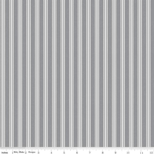 Image of the Midnight Meadow Stripes Gray by My Minds Eye for Riley Blake Designs. Features a ticking stripe on a gray background. 
Cute Little Fabric Shop