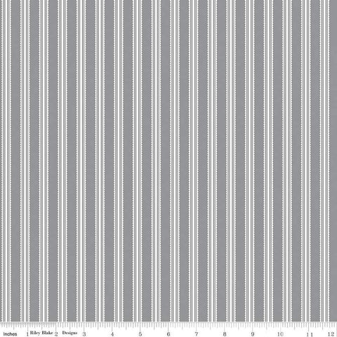 Image of the Midnight Meadow Stripes Gray by My Minds Eye for Riley Blake Designs. Features a ticking stripe on a gray background. 
Cute Little Fabric Shop