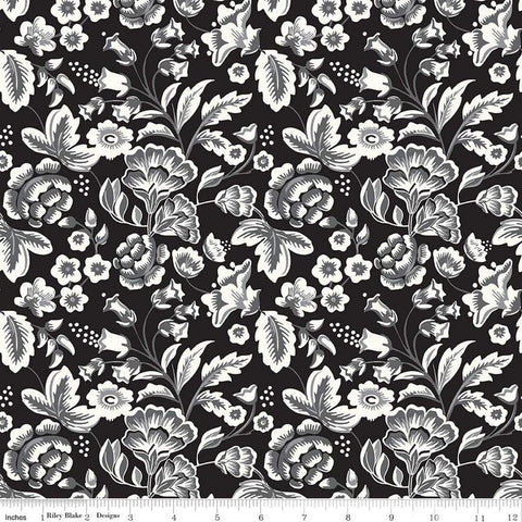 Image of the Midnight Meadow Main Black by My Minds Eye for Riley Blake Designs. Features sprigs of flowers and leaves on a black background. 
Cute Little Fabric Shop